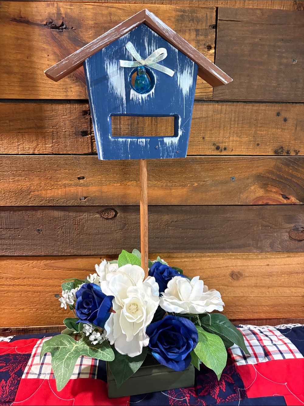 Blue Wooden Birdhouse Floral Tabletop Accent  with blue glass bird